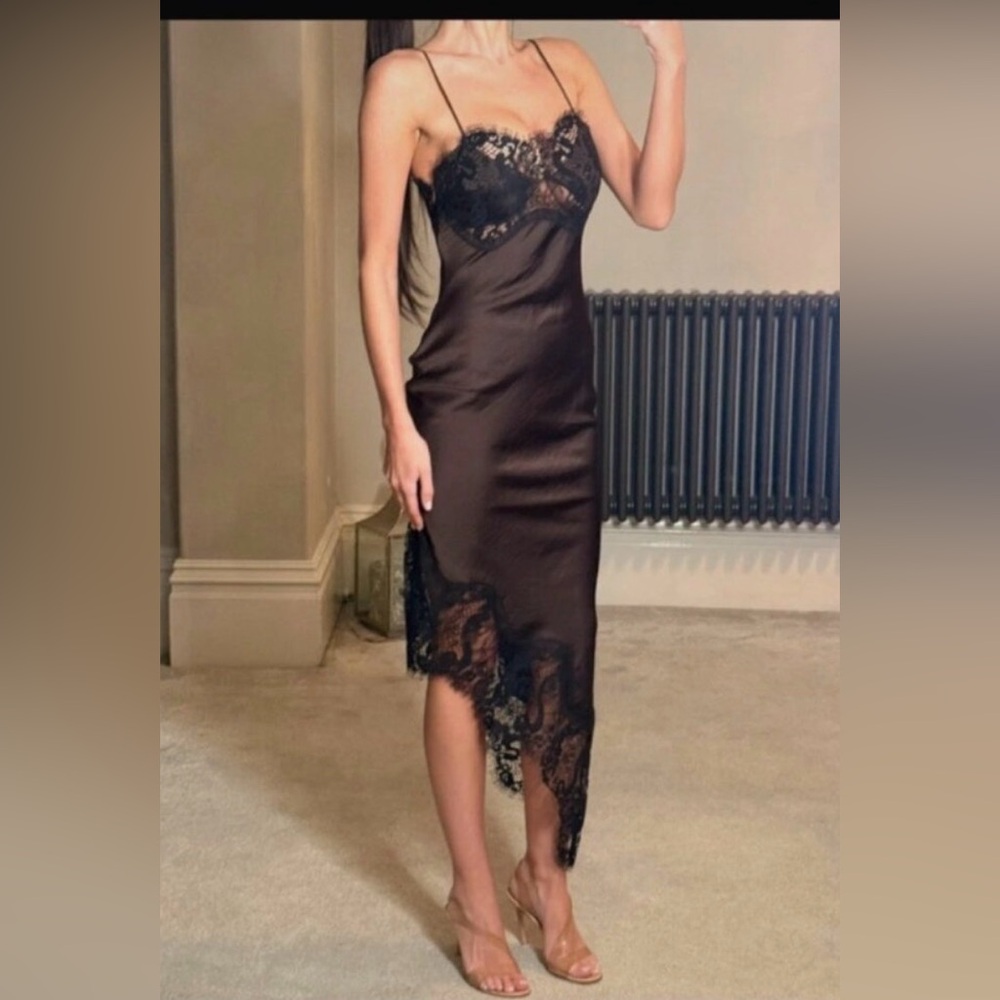 NWT Zara ASYMMETRIC SATIN LACE DRESS ZW COLLECTION Brown Black Medium - Picture 4 of 12